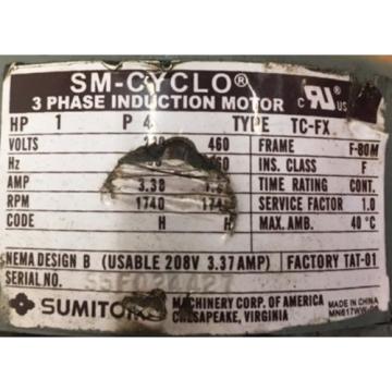 SUMITOMO SM-CYCLO INDUCTION GEAR MOTOR CNHM1-6100YC-29, 1 HP, 3 PH, RATIO 29:1